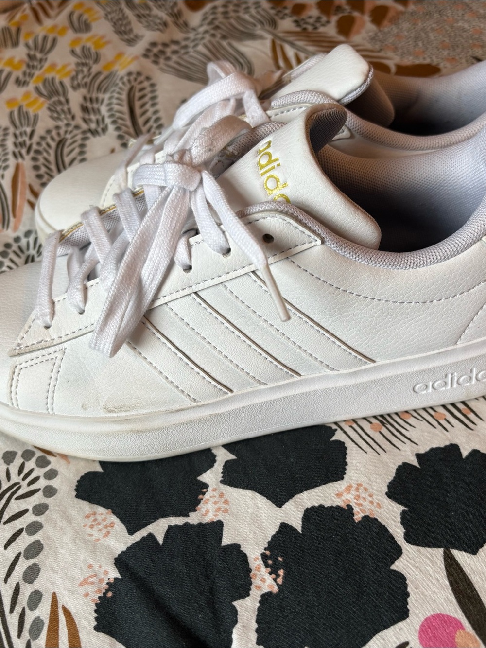 Adidas All White Grand Court Leather Sneakers with Gold Logo - Picture 3 of 5